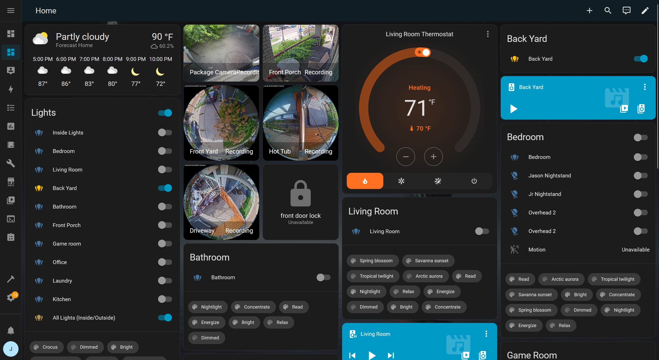 Home Assistant dashboard: one local interface for weather, lighting, security cameras, climate, and media.