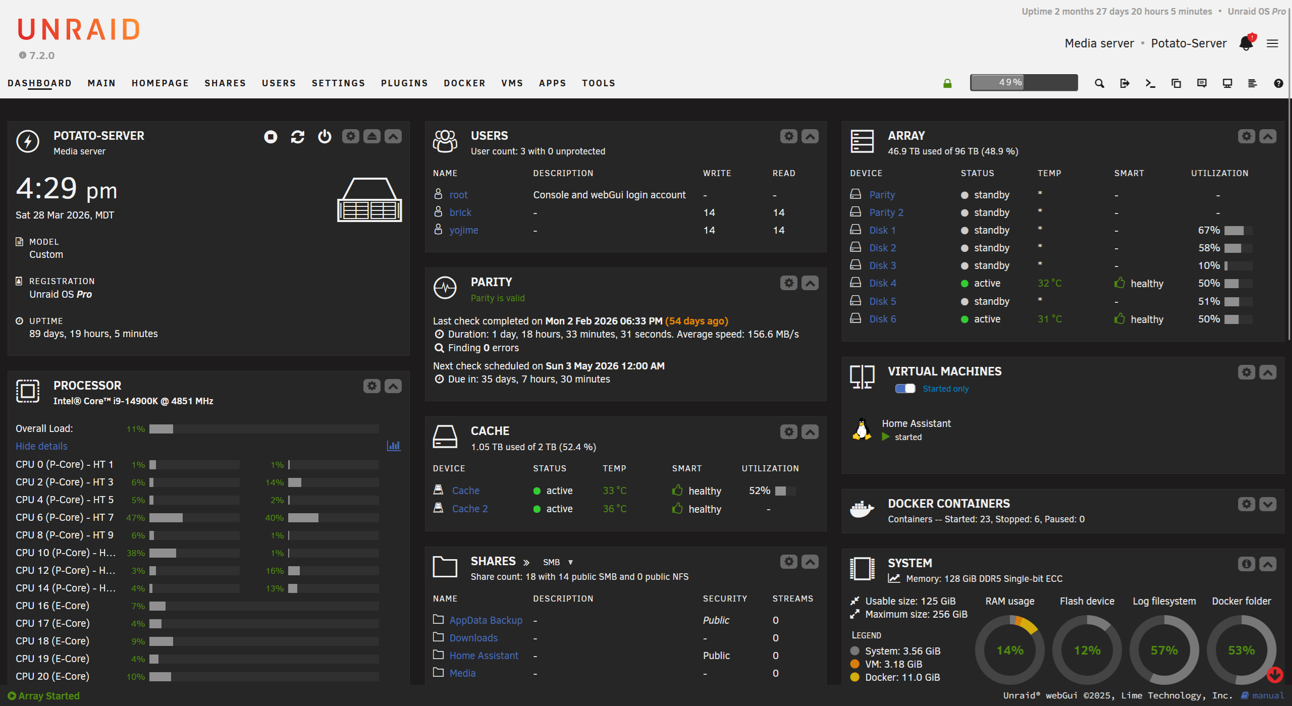 Unraid dashboard: array status, Docker, VMs, cache, and system overview.